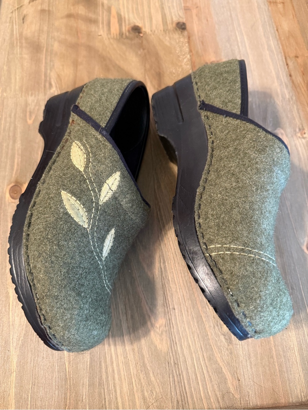Dansko Olive Green Wool Slip-On Mules with Leaf Stitching - Picture 2 of 13
